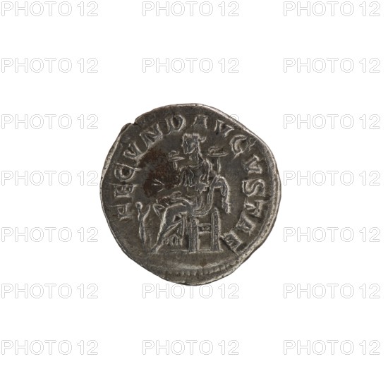 Denarius depicting Julia Mamaea ca. 180–235; Augusta 222–235 and Alexander Severus 208–235; Roman emperor 222–235 as issuer; obverse/legend indicating their titles. Reverse: Fecunditas personification. Iconography: personifications. Date: 225–235, Rome, Roman Empire 27 BC–476. Object: coin denarius, diameter 19.0 mm, weight 3.10 g., A round metallic object with a worn surface in shades of gray and dark gray, showing a raised central design of a seated human figure on a chair and a few decorative elements around the figure; the object has an irregular edge and slight discoloration with darker brownish-gray patches, set against a white background.