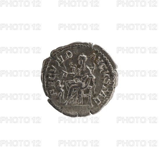 Denarius; obverse: Julia Mamaea ca. 180–235; Augusta 222–235, issuer Alexander Severus 208–235; Roman emperor 222–235; reverse: Fecunditas personification. Iconography: Julia Mamaea; personifications. Date: 225–235. Culture/place: Roman Empire; Rome. Medium: coin. Dimensions: diameter 19.0–19.5 mm; weight 2.52 g., A round metallic object with an uneven, worn edge sits against a white background; the object is predominantly gray with darker and lighter silver tones and areas of slight brownish discoloration, and it bears a raised relief depicting a seated human figure and a smaller standing figure beside them, along with decorative ridges and irregular indentations around the rim.