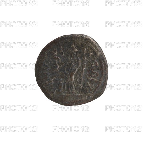 Denarius depicting Julia Mamaea ca. 180–235; Augusta 222–235 and Alexander Severus 208–235; Roman emperor 222–235, issuer; Roman deities, Venus; iconography of Julia Mamaea; dated 225–235, Rome; Roman Empire 27 BC–476; coin. Dimensions: diameter 20.5–21.0 mm, weight 3.15 g., A round, worn coin with a rough, uneven surface and a dark brown to nearly black patina, showing lighter areas of brown and gray where the metal is more exposed; the coin's edge is irregular and slightly raised, and faint, shallow relief forms suggest the outlines of figures or shapes at the center, with textured, pitted details across the face.