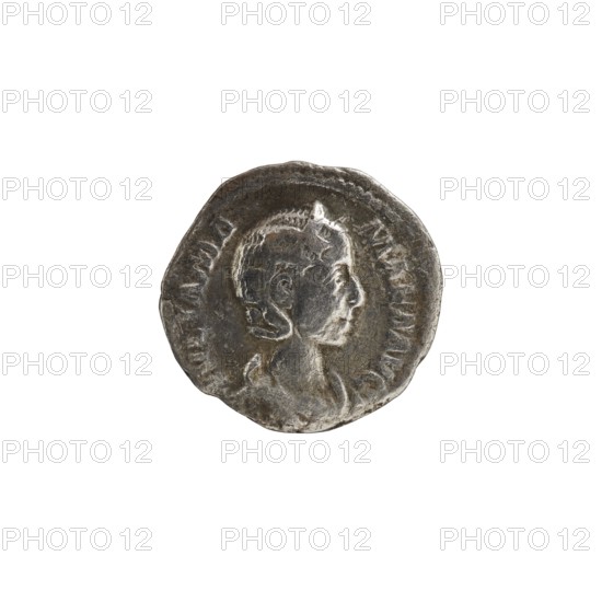 Denarius, obverse: Julia Mamaea ca. 180–235; Augusta 222–235; reverse: Alexander Severus 208–235; Roman emperor 222–235 issuer; Fecunditas personification. Iconography: Julia Mamaea 180–235. Date: 225–235. Place: Roman Empire; Rome. Medium: coin. Dimensions: diameter 17.5–18.0 mm; weight 2.30 g., A round metallic coin with a worn surface showing a raised profile of a person facing right; the coin appears silver-gray with darker gray and brownish patina in recessed areas, and lighter silvery highlights on raised features; the portrait shows hair, facial features, a neck and shoulder, and a raised rim encircling the design; overall the coin has an irregular edge and an aged, textured appearance.