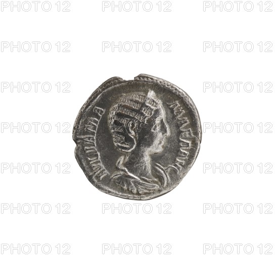 Denarius, Alexander Severus 208–235; Roman emperor 222–235 issuer; Julia Mamaea c. 180–235; Augusta 222–235 co-creator; Fecunditas personification; personifications; Julia Mamaea — iconography; dated 225–235; Roman Empire 27 BC–476, Rome; coin; diameter 18.0–19.0 mm; weight 1.95 g., A circular metal coin with a worn surface showing the profile of a person facing right, with detailed hair texture and a draped garment; the coin appears silver-gray with darker gray shadows and lighter highlights, and is set against a plain white background.