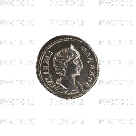 Denarius depicting Julia Mamaea ca. 180–235; Augusta 222–235 and Alexander Severus 208–235; Roman emperor 222–235; obverse: issuer Alexander Severus; reverse: Fecunditas personification. Iconography: Julia Mamaea 180–235. Date: 225–235. Place of creation: Rome, Roman Empire 27 BC–476. Coin; diameter 19.0 mm and 18.5 mm; weight 3.20 g., A circular metallic object with a raised profile of a person in side view, showing facial features and styled hair, surrounded by a raised rim and decorative border; the surface shows wear and irregular edges with small chips; visible colors include silver, dark gray, and hints of brown on the metal.