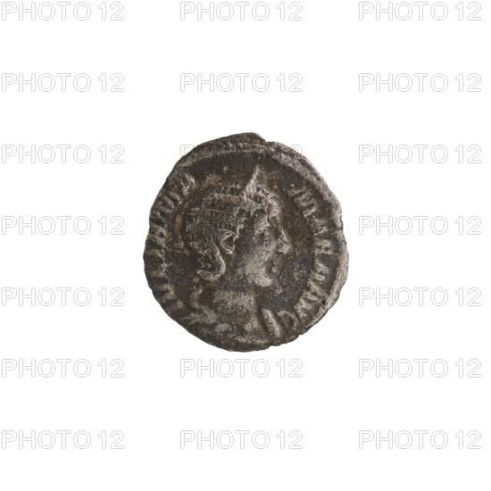 Denarius, Julia Mamaea ca. 180–235; Augusta 222–235 co-creator, Alexander Severus 208–235; Roman emperor 222–235 issuer, personifications, Fecunditas personification, Julia Mamaea 180–235 — iconography, 225–235, Rome, Roman Empire 27 BC–476; coin; diameter 17.5 mm, diameter 19.0 mm; weight 1.70 g, A round, worn coin with a raised profile of a person facing right, showing hair and facial features in relief; the coin surface appears textured and uneven with a rough edge and faint decorative rim; colors visible include dark gray, light gray, and hints of brown on a white background.