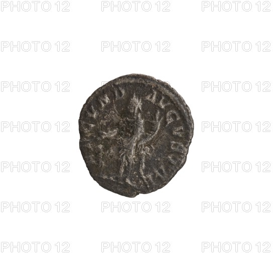Denarius depicting Julia Mamaea ca. 180–235; Augusta 222–235 and Alexander Severus 208–235; Roman emperor 222–235. Obverse: busts/portraits of Julia Mamaea and Alexander Severus; reverse: personification Fecunditas. Iconography dated 225–235, Rome. Roman Empire 27 BC–476. Coin; diameter 17.5–19.0 mm; weight 1.70 g., A single round coin with a worn, textured surface in dark gray and brown tones sits against a white background; the coin shows a raised central figure with faint, radiating details and irregular edges, and lighter gray highlights accent some of the raised areas.