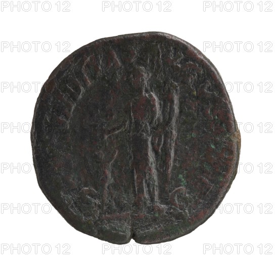 Sestertius depicting Julia Mamaea ca. 180–235 and Alexander Severus 208–235; Roman emperor 222–235. Obverse: portraits of Julia Mamaea; reverse: Fecunditas personification. Iconography: personifications; inscriptions/titles indicate imperial authority and roles. Date: 222–235 CE. Place of creation: Rome, Roman Empire. Medium: coin sestertius. Measurements: diameter 26.5–28.5 mm; weight 23.45 g., A round, worn coin with an uneven edge showing a dark brown surface with patches of green and hints of reddish tones, featuring the faint, raised outline of a standing human figure and another indistinct figure nearby, both with softened contours and textured surfaces, against a white background.