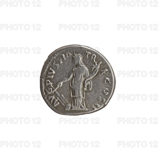 Denarius, Antoninus Pius 86–161; Roman emperor 138–161. Obverse: head of Antoninus Pius in a laurel wreath to the right; legend IMP T AEL CAES HADR - ANTONINVS. Reverse: Fortuna standing left, right hand holding a rudder resting on a globe, left hand holding a cornucopia; legend AVG PIVSPM - TR - P COS II. Iconography: Fortuna, cornucopia horns of plenty, rudder, personification. Date: 139. Place: Rome, Roman Empire. Medium: silver coin denarius. Dimensions: diameter 16.5–18.0 mm; weight 2.99 g; axis 180°., A round metallic coin with a worn silver-gray surface showing an engraved standing figure wearing a long draped garment and holding a long staff or scepter in one hand and a horizontal object in the other, with a raised rim and textured background; the image is centered on a plain white background, and visible colors include silver-gray and white.