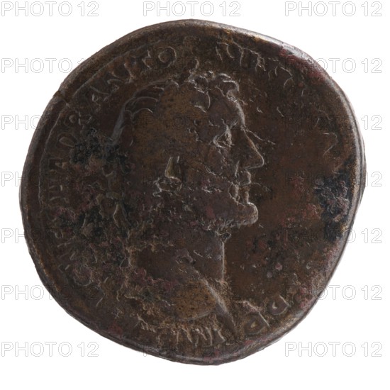 Sestertius, Antoninus Pius 86–161; Roman emperor 138–161. Obverse: head of Antoninus Pius in a laurel wreath to the right; legend IMP T AEL CAES HADR ANTO NINVS AVG PIVS PP. Reverse: Fides standing frontally, head turned to the right; in her outstretched left hand a bowl of fruit, in her lowered right hand ears of corn; legend P MTRP OT COSII, in SC fields. 139 CE, Roman Empire, Rome. Bronze coin; diameter 31.5–32.0 mm, weight 27.27 g, axis 165°., A worn round metal coin with an uneven edge showing a raised profile of a person's head facing right; the surface has areas of darker brown and lighter brown patina with patches of reddish and black discoloration, and some lighter highlights on the raised features.