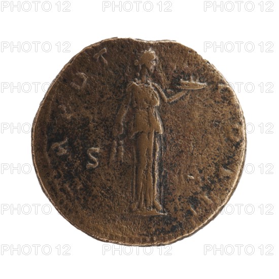 Dupondius; Antoninus Pius 86–161; Roman Emperor 138–161 — issuer. Obverse: head of Antoninus Pius wearing a radiant crown, facing left; legend ANTONINVS · AVG · PIVS · PP. Reverse: Fides standing frontally, head turned right; in left outstretched hand a bowl of fruit, in lowered right hand ears of corn; legend TR · POT · COS II; in exergue S C. Date: 139. Roman Empire; Rome. Coin bronze, diameter 27.0 mm, weight 12.74 g, axis 330°., A round, worn coin with a brown and dark brown patina showing a standing figure in relief; the figure appears draped and holds an object in one outstretched hand, while the other arm hangs by the side; the coin edge is irregular and the surface has areas of darker spotting and lighter highlights.