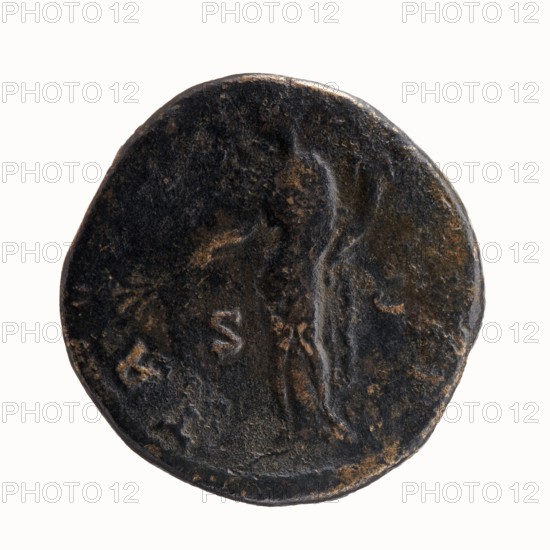 dupondius; Antoninus Pius 86–161; Roman Emperor 138–161 — issuer. Obverse: Head of Antoninus Pius in a radiant crown facing right, legend ANTONINVS AVG PIVS PP. Reverse: Pax standing left, holding a branch in his right hand and a cornucopia in his left, legend TR P COS II and S C in fields. Iconography: Pax, branch, cornucopia, radiant crown, personification. Date: 139. Place of origin: Rome, Roman Empire. Coin type: dupondius; diameter ~26–27 mm; weight 12.67 g; axis 180°., A round, worn metal object with a dark brown and black patina and areas of lighter brown; the surface shows uneven texture and shallow relief with the faint outline of a standing human figure and the suggestion of another partial figure, all against a plain light background.