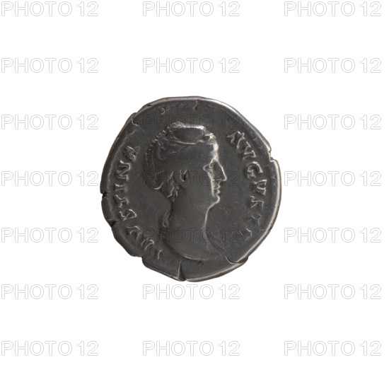 Denarius, Antoninus Pius 86–161; Roman emperor 138–161 and Faustina the Elder 98–141; Roman empress 138–141. Obverse: Bust of Faustina I in drapery facing right, inscription FAVSTINA·AVGVSTA. Reverse: Throne of Juno pulvinar covered with drapery; beneath it stands a peacock with its tail spread; on the left a scepter rests, inscription IVNONI·REGINAE. Date: 139–141. Place of origin: Rome, Roman Empire. Coin type: silver denarius; diameter 16.5–17.0 mm; weight 3.10 g; axis 180°., A small round coin with a metallic gray surface showing wear and irregular edges, featuring a raised profile of a person facing right with detailed hair and facial features, surrounded by raised decorative marks along the rim; the background is white.