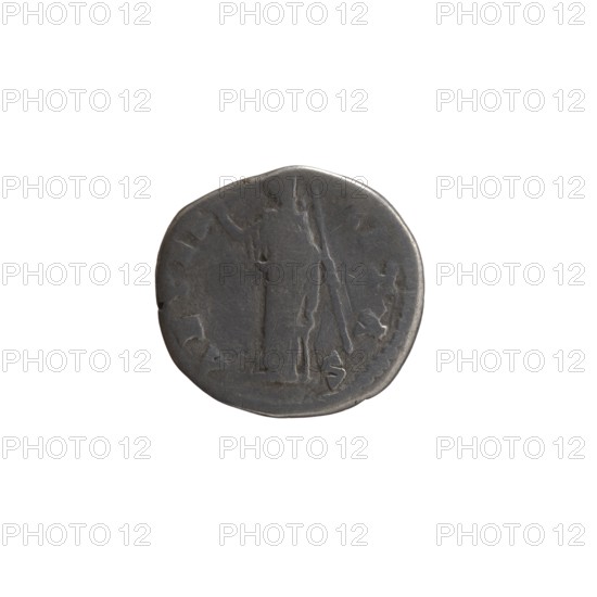 Denarius, Faustina the Elder 98–141; Roman empress 138–141 posthumous, issuer: Antoninus Pius 86–161; Roman emperor 138–161. Obverse: Bust of Faustina I in drapery facing right, legend DIVA - FAVSTINA. Reverse: Juno, in a veil stands frontally, turns her head left, right hand raised holding a long scepter, legend AETER - NITA S. After 141, Roman Empire, Rome. Coin; diameter 17.0–18.0 mm, weight 3.15 g, axis 180°., A round, worn coin with an uneven edge shown against a white background; the coin appears dark gray with lighter gray highlights and shows faint, worn reliefs and markings across its surface.