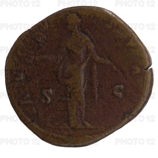 Sestertius, posthumous bust of Faustina the Elder 98–141; Roman empress 138–141; issuer Antoninus Pius 86–161; Roman emperor 138–161. Obverse: Bust of Faustina I in drapery facing right, inscription DIVA FAV–STINA around. Reverse: Vesta standing left, holding a statuette of Athena palladium in her outstretched right hand and a scepter in her left, inscription A VGV–STA around, in SC fields. Minted in Rome after 141 CE, Roman Empire. Bronze coin; diameter 29.5–32.0 mm, weight 21.60 g, axis 180°., A circular, worn coin with an uneven edge and a rough surface showing a few areas of darker brown and lighter golden-brown patina, featuring a faint raised outline of a standing human figure in the center and subtle raised shapes around the perimeter.