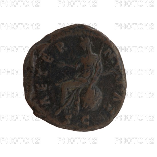 Dupondius/as; Bust of Faustina I in drapery facing right; inscription: DIVA - FAVSTINA around. Reverse: Aeternitas in a veil sits on a star-studded globe to the left, right hand outstretched, holding a scepter in the left; inscription: A ETER - N I TAS around, in the SC. section. Issuer: Antoninus Pius 86–161, Faustina the Elder 98–141 posthumously. Iconography: personifications, Aeternitas, globe, scepters, stars. After 141, Roman Empire, Rome. Coin dupondius/as: diameter 24.0–25.5 mm, weight 8.50 g, axis 180°., A round, worn coin with an uneven edge showing a raised, partially eroded figure seated and holding a long object; the surface shows a mix of dark brown and black tones with areas of lighter brown and hints of green patina, and the background is white.
