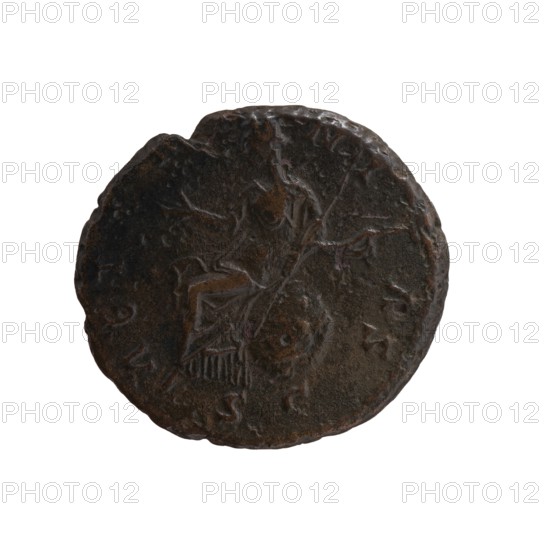 as/dupondius, Faustina the Elder 98–141; Roman empress 138–141 posthumously, Antoninus Pius 86–161; Roman emperor 138–161 issuer, Aeternitas personification, scepters, Faustina the Elder — iconography, personifications — iconography, globe attribute, stars. Obverse: Bust of Faustina I in drapery facing right, legend DIVA • FAVSTINA. Reverse: Aeternitas in a veil sits on a star-studded globe to left, right hand outstretched, holding a scepter in left; legend AETERNI TAS in SC. section. After 141, Roman Empire, Rome. Coin as/dupondius: diameter 24.0–26.0 mm, weight 8.40 g, axis 180°., A round, worn coin with a dark brown to almost black patina and areas of lighter brown corrosion, showing a raised, partially eroded figure with limbs and draped clothing on one side, surrounded by faint raised marks and shapes along the rim; the surface is uneven with a slightly irregular edge and a few shallow dents and scratches.