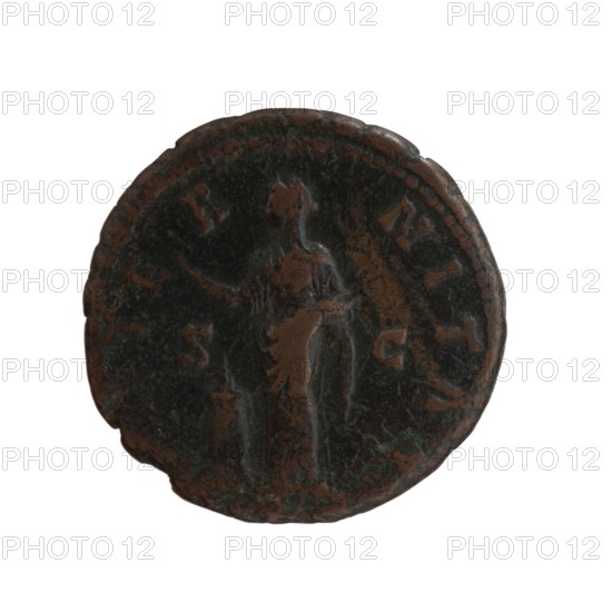 Dupondius/as; Faustina the Elder 98–141; Roman empress 138–141 posthumous; Antoninus Pius 86–161; Roman emperor 138–161 issuer. Bust of Faustina I in veil and drapery facing right, legend DIVA · FAVSTINA around; reverse: Pietas stands left, stretches right hand above an altar, holds a container in left hand incense. Legend AE · TE · R · NITAS all around, in SC in fields. After 141. Rome, Roman Empire. Bronze coin dupondius, diameter 26.5 mm, weight 12.25 g, axis 345°., A round, worn coin with an uneven edge showing a dark greenish-black patina mixed with brown areas; the coin's surface displays a raised, faintly detailed standing figure in the center with indistinct outlines and some textured wear; the outer rim has a dotted border and scattered raised marks, and overall the visible colors are dark green, black, and brown.