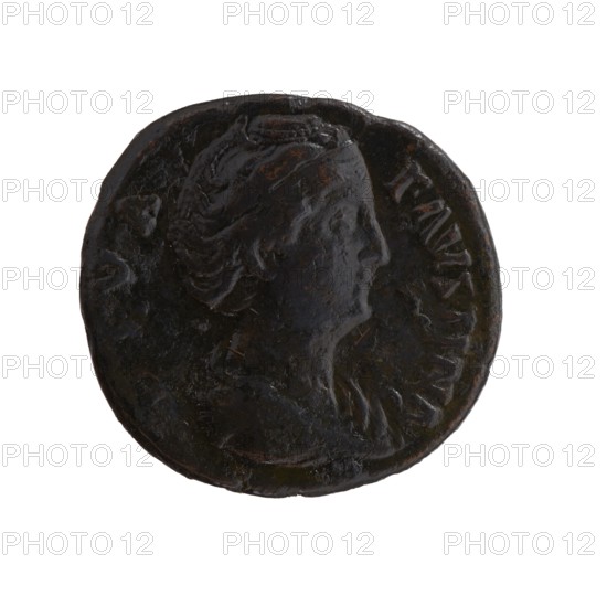 Dupondius/as; Bust of Faustina the Elder 98–141; Roman empress 138–141 in drapery facing right, inscription DIVA · FAVSTINA around; reverse: Pietas personified standing left, right hand outstretched, holding an incense container in the left, inscription AETERNITAS around, in SC; issuer: Antoninus Pius 86–161; Roman emperor 138–161 posthumous issue, after 141 CE; Roman Empire, Rome; bronze coin; diameter 26.0–27.0 mm; weight 10.65 g; axis 165°., A dark round coin with a raised profile of a person facing right, showing textured hair and facial features, with worn edges and surface irregularities; colors visible include dark brown, black, and hints of rusty brown.