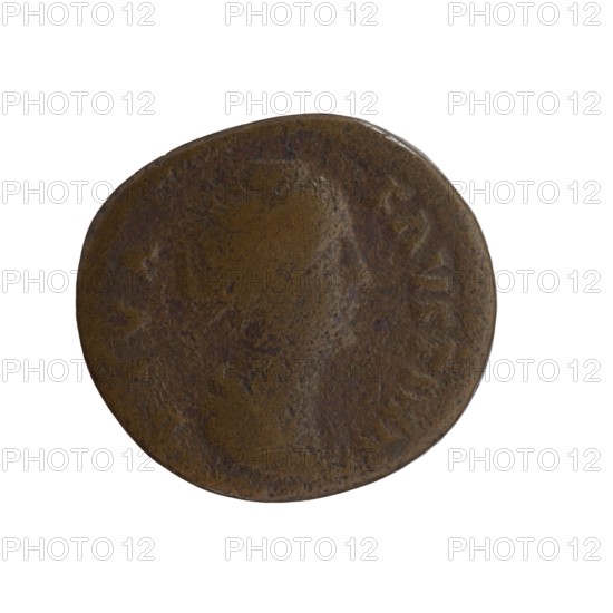 Dupondius/as, Faustina the Elder 98–141; Roman empress 138–141 posthumous, Antoninus Pius 86–161; Roman emperor 138–161 issuer. Bust of Faustina I in drapery facing right; legend: DIVA · FAVSTINA. Reverse: Ceres standing left, holding ears of corn in her right hand and a long scepter in her left; legend: A VGV · ST A, in SC. After 141, Roman Empire; Rome. Coin dupondius/as: diameter 24.5–27.0 mm, weight 11.40 g, axis 165°., A round, worn metallic object with a predominantly brown and dark brown surface and areas of mottled darker patina; the object shows an indistinct raised profile-like shape and faint textured marks across its face, with subtle variations of lighter brown and hints of rusty tones around the edges.