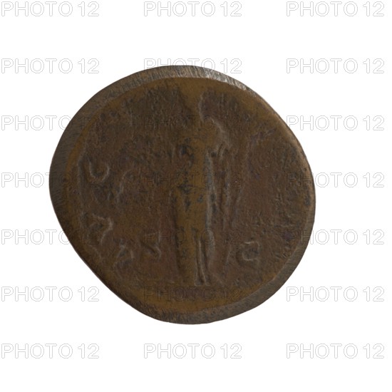 Dupondius/as; Faustina the Elder 98–141; Roman empress 138–141 posthumously; Antoninus Pius 86–161; Roman emperor 138–161 issuer. Bust of Faustina I in drapery facing right; legend DIVA·FAVSTINA around. Reverse: Ceres standing left, holding ears of corn in her right hand and a long scepter in her left; legend A VGV·STA all around, in SC. Fields. After 141, Roman Empire; Rome. Coin dupondius/as, diameter 24.5–27.0 mm, weight 11.40 g, axis 165°., A round, worn coin with a rough, textured surface in shades of brown and dark brown, showing an indistinct raised outline of a standing human figure at its center and faint curved shapes near the edges; the coin's rim appears uneven and slightly darker, and the background around the coin is white.