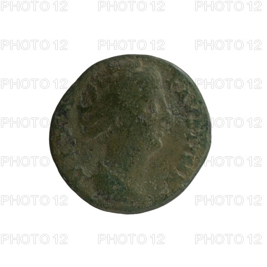 As/dupondius; Faustina the Elder 98–141; Roman empress 138–141 posthumously; Antoninus Pius 86–161; Roman emperor 138–161 issuer; Roman deities: Ceres ears of corn, torches; iconography: bust of Faustina I in drapery facing right, legend DIVA - FAVSTINA around; reverse: Ceres standing left, holding ears of corn in her right hand and a long scepter in her left, legend AVGV-STA all around, in SC fields; after 141, Roman Empire, Rome; coin as/dupondius, diameter 22.5–23.5 mm, weight 7.06 g, axis 345°., A round, worn coin with an uneven surface showing a faint raised profile of a person's head; the coin's surface is mottled with shades of green, dark green, brown, and a little gray, and it sits centered on a white background.