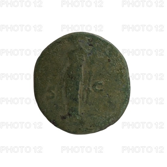 As/dupondius; bust of Faustina the Elder 98–141 CE; Roman empress 138–141 in drapery facing right, inscription DIVA FAVSTINA around; reverse: Ceres standing left, holding ears of corn in her right hand and a long scepter in her left, with torches; legend AVGV - S TA all around, SC in fields; issuer: Antoninus Pius 86–161 CE; Roman emperor 138–161 posthumously; Roman deities: Ceres; iconography: ears of corn, torches; after 141 CE; Roman Empire, Rome; coin as/dupondius, diameter 22.5–23.5 mm, weight 7.06 g, axis 345°., A round, weathered object with a rough, pitted surface in shades of green and darker green, with some small areas of brownish discoloration; the object appears flat and circular with an uneven edge and faint, shallow raised and indented marks across its face, set against a plain white background.