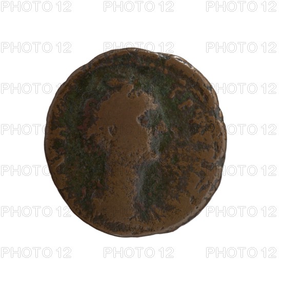as/dupondius; Faustina the Elder 98–141; Roman empress 138–141 posthumously; Antoninus Pius 86–161; Roman emperor 138–161 issuer; Roman deities — Ceres myth., ears of corn, torches; iconography: Bust of Faustina I in drapery facing right, legend DIVA - FAVSTINA all around; reverse: Ceres sitting left, holding ears of corn in her outstretched right hand, in her left a long torch; legend AVGV - STA all around, in SC fields; after 141; Roman Empire; Rome; coin as/dupondius, diameter 25.0–26.5 mm, weight 7.85 g, axis 0°., A round, weathered metal disc with an uneven surface and worn edges, showing a mix of brown, dark brown, and greenish patina with small areas of reddish-brown; surface texture appears rough and pitted with subtle raised and depressed areas suggesting long-term wear.