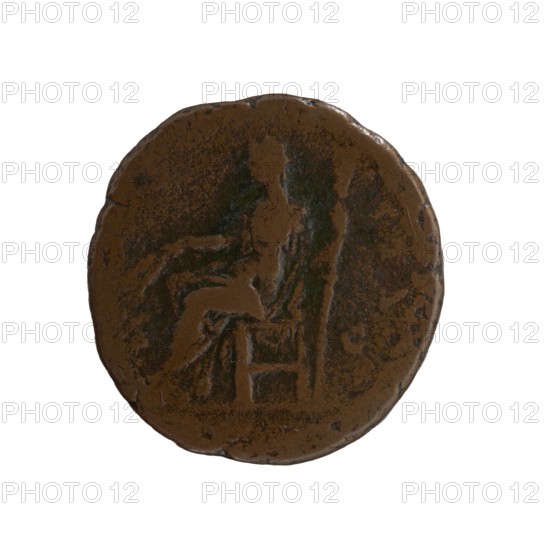 As/dupondius, Faustina the Elder 98–141; Roman empress 138–141 posthumous, Antoninus Pius 86–161; Roman emperor 138–161 issuer. Bust of Faustina I in drapery facing right; legend: DIVA - FAVSTINA all around. Reverse: Ceres seated left, holding ears of corn in her outstretched right hand and a long torch in her left; legend: AVGV - STA all around, in SC fields. After 141, Rome; Roman Empire 27 BC–476. Coin; diam. 25.0–26.5 mm; weight 7.85 g; axis 0°., A round, worn coin with a predominantly brown color and patches of darker greenish-brown patina, showing the faint raised outline of a seated figure facing left on a slightly textured surface, with visible irregularities and small nicks along the coin's edge.
