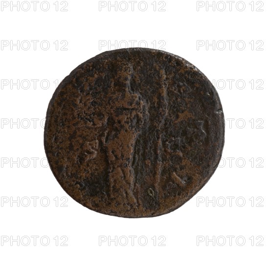 Dupondius/as; Faustina the Elder 98–141; Roman empress 138–141 posthumously; Antoninus Pius 86–161; Roman emperor 138–161 issuer. Draped bust of Faustina I facing right, legend DIVA FAVSTINA around; reverse: Vesta standing left, holding a statuette of Athena palladium in her outstretched right hand and a long torch in her left, legend AVGV—STA around, in SC fields. After 141, Roman Empire; Rome. Coin dupondius/as: diameter 24.5–26.0 mm, weight 11.00 g, axis 180°. Iconography: Roman deities, torches, palladium, Vesta; style: Roman imperial coinage., A round, flat object with a rough, pitted surface in dark brown and black tones, showing irregular textures and weathered wear across its face, with subtle variations in brown hues and small areas of darker blackish discoloration, photographed against a plain white background.