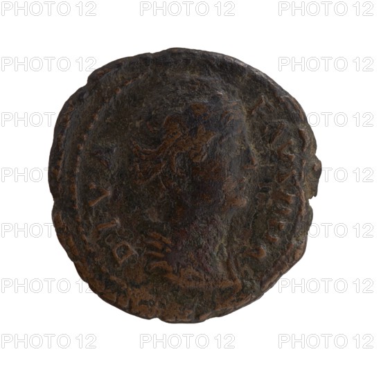Dupondius/as, Faustina the Elder 98–141; Roman empress 138–141 posthumous, issuer: Antoninus Pius 86–161; Roman emperor 138–161. Obverse: Draped bust of Faustina I facing right, legend DIVA FAVSTINA. Reverse: Concordia seated left; in her outstretched right hand she holds a figurine of Spes, in her left a long scepter; legend A V G - V - STA in the exergue. After 141, Roman Empire, Rome. Coin. Diameter 27.5–28.0 mm, weight 11.40 g, axis 180°., A worn circular metal object with an uneven, textured surface showing a raised profile of a head in partial relief; the object displays a mix of dark brown, rusty orange, and muted green tones with areas of darker blackish patina and lighter brown highlights, and the edges are irregular and slightly chipped.
