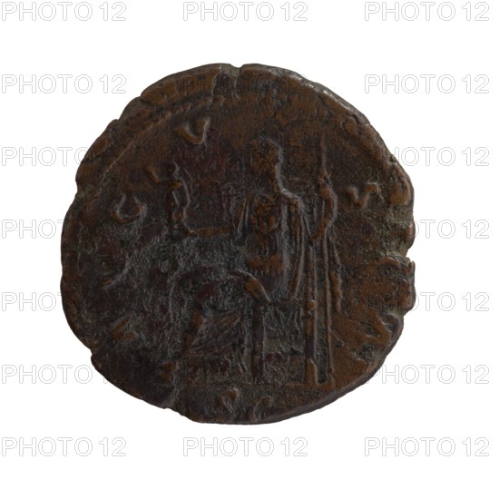 dupondius/as, Faustina the Elder 98–141; Roman empress 138–141 posthumous, Antoninus Pius 86–161; Roman emperor 138–161 issuer; obverse: draped bust of Faustina I facing right, inscription DIVA · FAVSTINA; reverse: Concordia seated left, holding a figurine of Spes in her outstretched right hand and a long scepter in her left, inscription A VG · V · STA around, in the SC. section; after 141, Roman Empire, Rome; coin; diameter 27.5–28.0 mm; weight 11.40 g; axis 180°., A round, worn metal object with an uneven, slightly chipped edge showing a dark brown and reddish-brown patina, with areas of darker nearly black corrosion and hints of greenish oxidation; the surface shows shallow, raised reliefs suggesting the outlines of two standing human figures, one seated figure, and vertical elements, with varied texture from smooth to rough and irregular discoloration across the face.