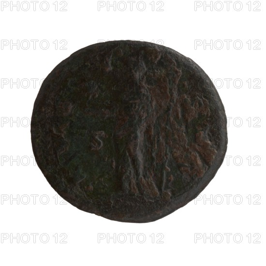 Dupondius/as, Faustina the Elder 98–141; Roman empress 138–141 posthumously, Antoninus Pius 86–161; Roman emperor 138–161 issuer. Bust of Faustina I in drapery facing right; inscription DIVA · FAVSTINA around. Reverse: Vesta standing left, holding a statuette of Athena palladium in her outstretched right hand and a long torch in her left; inscription A · VG · V · STA all around, in SC fields. After 141, Roman Empire, Rome. Coin; diameter 26.5 mm obverse, 28.5 mm reverse; weight 12.30 g; axis 0°., A round, weathered object with a rough, uneven surface showing a mix of dark brown, green, and black tones; faint raised and indented areas form an irregular pattern across the surface, and the edges are slightly worn and irregular.