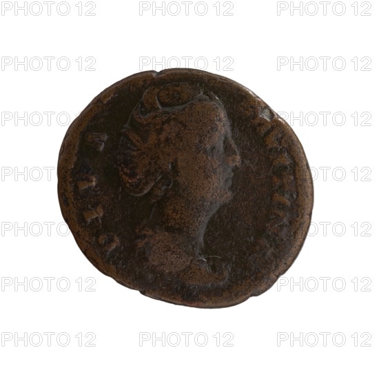 as/dupondius, Faustina the Elder 98–141; Roman empress 138–141 posthumously, Antoninus Pius 86–161; Roman emperor 138–161 issuer; Bust of Faustina I in drapery facing right, inscribed DIVA FAVSTINA around; reverse: Vesta stands left, holding a patera above an altar in her outstretched right hand and a long torch in her left; inscription CONSECRATIO around, in SC fields; after 141; Rome; Roman Empire; coin; diameter 23.5–27.0 mm; weight 8.50 g; axis 180°., A worn circular object with a raised profile of a person in relief, shown in side view, with textured surfaces and areas of wear; the object displays mottled dark brown and lighter brown tones with hints of black, and has an irregular rim and slight surface corrosion.