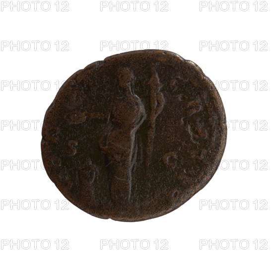 as/dupondius, Faustina the Elder 98–141; Roman empress 138–141 posthumously, Antoninus Pius 86–161; Roman emperor 138–161 issuer, Roman deities, Vesta; Bust of Faustina I in drapery facing right, inscription DIVA FAVSTINA around; reverse: Vesta stands left, holding a patera above an altar in her outstretched right hand and a long torch in her left, inscription CONSECRATIO around, in SC fields; after 141; Rome; coin as/dupondius, diameter 23.5–27.0 mm, weight 8.50 g, axis 180°., A round, worn object with a rough, pitted surface in dark brown and black tones; the object shows the faint raised outline of a standing figure and an elongated vertical element beside it, with subtle variations of lighter brown highlighting contours and edges; the rim is irregular and slightly scalloped in places, and the overall background is plain white.