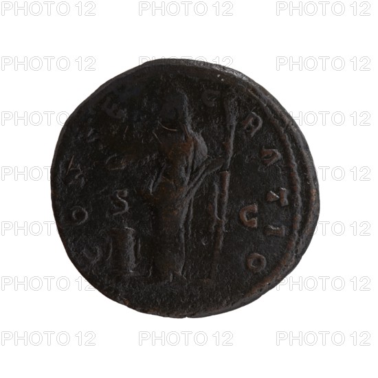 As/dupondius; Faustina the Elder 98–141; Roman empress 138–141 posthumously; Antoninus Pius 86–161; Roman emperor 138–161 issuer. Obverse: Bust of Faustina I in drapery facing right, legend DIVA FAV•STINA around. Reverse: Vesta standing left, holding a patera in her outstretched right hand above an altar and a long torch in her left; legend CONSE•CRATIO around, mint mark in fields. After 141 CE, Rome; Roman Empire. Coin, diameter 26.5–27.5 mm, weight 9.85 g, axis 180°., A round dark brown to almost black coin-like object with a worn surface, showing a raised central figure in profile holding a long vertical staff and wearing draped clothing; the edges are slightly irregular and there are traces of lighter brown highlights on raised areas, with several shallow indentations and a faint textured rim around the perimeter.