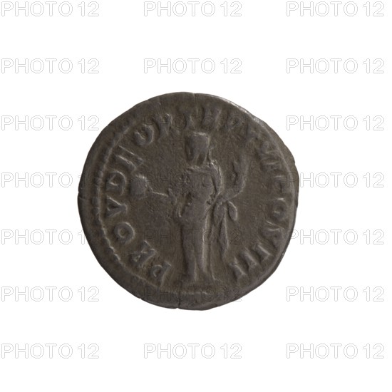 Denarius of Marcus Aurelius 121–180; Roman emperor 161–180. Obverse: Head of Marcus Aurelius uncovered facing right, IMP M AVREL ANTONINVS AVG all around. Reverse: Providentia standing left, holding a globe in her right hand and a cornucopia in her left, PROV DEOR TR P XVI COS III all around. Date: 161–162. Place: Rome. Type: Coin. Material: Silver denarius. Diameter: 17.0 mm. Weight: 2.55 g. Axis: 180°. Iconography: globe, personification Providentia, cornucopia., A round, dark gray coin with a raised rim showing a standing human figure in relief at the center, the figure facing forward and holding objects in each hand, with a slightly rough textured surface and subtle wear around the edges; visible colors include dark gray and lighter gray highlights.