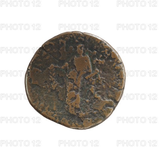 Sestertius, issued by Lucilla 149–182; Roman empress 164–169 and Lucius Verus 130–169; Roman emperor 161–169. Obverse: draped bust of Lucilla facing right, legend LVCILLAE AVG - ANTONINI AVG F. Reverse: Hilaritas standing, head turned left, right hand holding a long palm branch, left hand holding a cornucopia, legend HILARITAS, letters SC in fields. Date: 164–169. Roman Empire. Mint: Rome. Coin; diameter 29.0–31.0 mm; weight 21.65 g; axis 0°., A round, worn metal object with an uneven edge and an irregular surface texture, showing patches of brown, dark brown, green, and hints of black; the surface has areas of pitting and raised corrosion with mottled patterns and subtle variations in sheen, and the background is white.