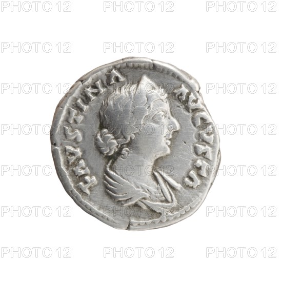 Denarius depicting bust of Faustina the Younger ca. 130–176; Roman empress 161–176 draped, facing right, inscription FAVSTINA • AVGVSTA around; reverse: Juno veiled, seated left, holding a patera in her right hand and a scepter in her left, a peacock at her left foot, inscription IVNONI REGINAE around. Issue attributed to Marcus Aurelius 121–180; Roman emperor 161–180. Roman Imperial coin, struck Rome, ca. 161–176. Silver denarius; diameter 17.5 mm, weight 3.25 g, axis 180°. Iconography: Faustina II; Juno; scepters; peacocks; paterae., A circular metallic coin with a raised profile of a person facing right, showing detailed hair pulled back and draped clothing; the coin surface is silver-gray with areas of lighter and darker gray indicating wear and texture, and the raised border and surrounding decorative elements are visible in similar silver-gray tones.