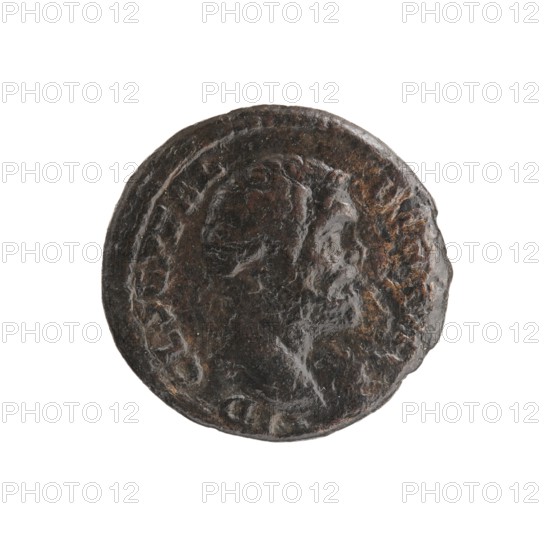 As/dupondius, Clodius Albinus ca. 150–197; Roman emperor 193–197 creator: Caesar 193–195, Septimius Severus 146–211; Roman emperor 193–211 issuer; caducei; personifications; iconography of Septimius Severus and Clodius Albinus; ears of corn; pitchfork; Saeculum Frugiferum personification. Obverse: Head of Clodius Albinus without a covering to the right; inscription D·CL·SEPT·AL·BIN CAES all around. Reverse: Half-naked Saeculum Frugiferum in a radiant crown stands frontally, head turned left, in his right hand a caduceus with ears of corn, in his left hand a pitchfork; inscription SAECVLO FRVGI·FERO COS II all around, in SC fields. Date: 194–195. Place: Rome, Roman Empire. Object: coin as/dupondius. Dimensions: diameter 24.0–25.0 mm; weight 9.30 g; axis 0°., A round, worn coin with a raised profile of a person's head in relief, showing hair texture and facial contours; the coin's surface is uneven and corroded in places, with visible irregularities along the rim. The object appears prim...