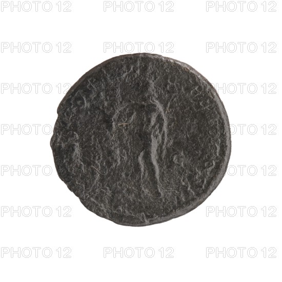 as/dupondius, Clodius Albinus ca. 150–197; Roman emperor 193–197 caesar 193–195, Septimius Severus 146–211; Roman emperor 193–211 issuer; caducei, personifications, Septimius Severus, Clodius Albinus — iconography; ears of corn, pitchfork; Saeculum Frugiferum personification. Obverse: Head of Clodius Albinus without a covering to the right, D·CL·SEPT·AL·BIN CAES all around. Reverse: Half-naked Saeculum Frugiferum in a radiant crown stands frontally, head turned to the left; right hand holds a caduceus with ears of corn, left hand holds a pitchfork; SAECVLO FRVGI·FERO COS II all around, in SC fields. Date: 194–195. Rome, Roman Empire. Coin as/dupondius, diameter ~24–25 mm, weight 9.30 g, axis 0°., A round dark gray to black textured disc with uneven edges and a rough, slightly pitted surface, showing faint raised contours that suggest a central vertical shape; the background is plain white, and a few small lighter gray fibers or specks are visible on the disc.