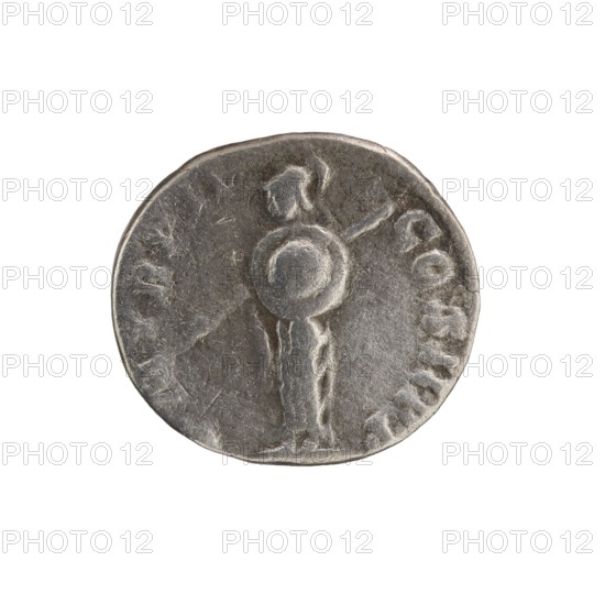 Denarius of Septimius Severus 146–211; Roman emperor 193–211. Obverse: Head of Septimius Severus in a laurel wreath facing right, legend: L SEPT SEV PE - RT AVG IMP IIII. Reverse: Minerva standing left, holding a spear in her right hand pointing forward and downward and a round shield in her left, legend: P M TR P II - COS II PP. Date: 194–195. Roman Empire. Mint: Rome. Coin; diameter 16.5–18.0 mm; weight 2.95 g; axis 180°., A circular metallic object with a worn, textured surface showing a raised human-like figure in profile, standing and facing left, holding a round shield in front of the torso and a short object extending from the shoulder area; the object is predominantly gray with darker and lighter silver tones and subtle brownish patina, set against a plain white background.