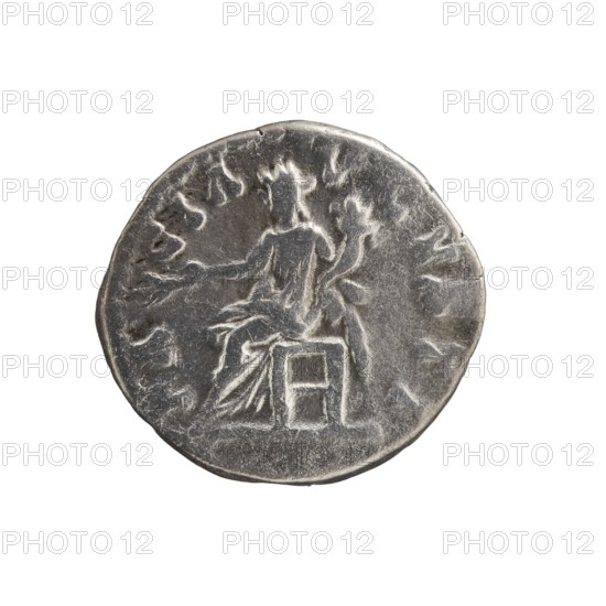 Denarius of Septimius Severus 146–211; Roman Emperor 193–211. Obverse: Head of Septimius Severus in laurel wreath facing right, inscription L SEPT SEV PE - RT AVG IMP III surrounding. Reverse: Pax seated left, holding a twig in his outstretched right hand, cornucopia in his left, inscription PA - CI A - VGVSTI surrounding. Iconography: Pax personification, horns of plenty, twig attribute. Date: 194, Rome. Medium/type: Roman coin. Diameter: 17.5–19.0 mm. Weight: 3.18 g. Axis: 180 degrees., A round metallic object with a worn, rough surface showing an embossed seated figure viewed from behind, with draped clothing and a raised arm, sitting on a block-like seat; the object is mainly gray and silver with darker gray shadows and lighter silver highlights.