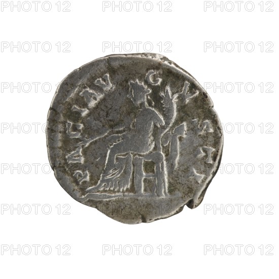 Denarius, Septimius Severus 146–211; Roman emperor 193–211 issuer. Obverse: Head of Septimius Severus with laurel wreath facing right, legend L SEPT SEV PERT - AVG IMP III. Reverse: Pax seated left, holding a twig in his outstretched right hand and a cornucopia in his left, legend PACI AV - GVSTI. Horns of plenty. Iconography/personifications. 194 CE. Roman Empire; Rome. Coin; diameter 18.0–19.0 mm; weight 2.50 g; axis 0°., A round metallic object with a worn, uneven edge and a textured surface showing areas of darker gray and lighter silver; the central design depicts a seated human figure facing right with an arm extended and holding a branch-like object, and the figure appears to be sitting on a stool or chair with vertical supports and draped fabric at the side; a group of raised, curved shapes form a ring near the rim around much of the coin, and small irregular pits and scratches scatter across the surface.