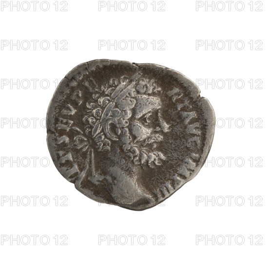 Denarius, Septimius Severus 146–211; Roman Emperor 193–211 issuer/author. Obverse: Head of Septimius Severus with laurel wreath facing right; legend L SEPT SEV PE RT AVG IMP III surrounding. Reverse: Pax seated left, holding a twig in his outstretched right hand and a horn of plenty in his left; legend PACI AV GVSTI surrounding. Date: 194, Rome. Roman Empire 27 BC–476. Coin. Diameter 16.0–18.5 mm, weight 2.55 g, axis 0°., A circular metal coin with a worn, uneven edge showing a raised profile of a bearded man facing right; the coin surface has textured, weathered areas and sculpted curls of hair and a laurel or headband. The visible colors are shades of gray, dark gray, and silver with some darker brownish-gray patina in recesses.