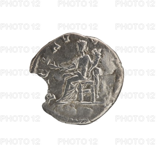 denarius, Septimius Severus 146–211; Roman emperor 193–211 issuer; obverse: head of Septimius Severus in laurel wreath facing right, legend L SEPT SEV PE - RT AVG IMP III all around; reverse: Pax seated left, holding a twig in his outstretched right hand, cornucopia in his left, legend PACI AV - GVSTI all around; date: 194; place: Rome, Roman Empire 27 BC–476; medium: coin denarius; diameter 16.0–17.5 mm; weight 2.37 g; axis 15 degrees., A round metallic object with a worn, uneven edge showing a missing chunk, displaying a raised relief of a seated human figure on a chair; the figure appears in profile with draped clothing and an arm extended, and there are faint decorative elements around the figure. The surface shows scratches, dents, and areas of wear with a patina. The visible colors are shades of gray and silver with darker gray shadows.
