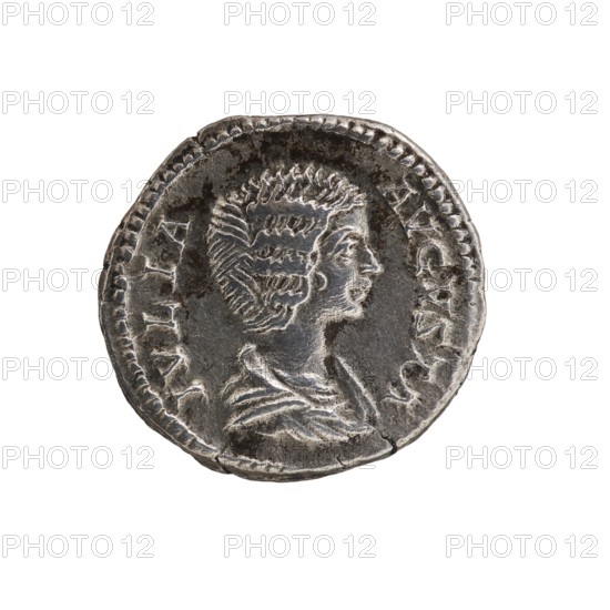 denarius, Septimius Severus 146–211; Roman emperor 193–211 issuer, Julia Domna ca. 160–217; Roman empress 193–211 co-creator, Pietas personification, altar iconography. Obverse: IVLIA AVGVSTA, bust of the empress facing right. Reverse: PIETAS PVBLICA, Pietas standing left in front of an altar with raised arms. Date: 196–211. Place of origin: Rome, Roman Empire. Coin: diameter ~17.5–18.5 mm, weight 3.08 g., A circular metallic coin with a worn textured surface showing a raised profile of a person facing right with detailed wavy hair and a draped garment, surrounded by a beaded rim and areas of darker tarnish; visible colors include silver, gray, dark gray, and hints of black.