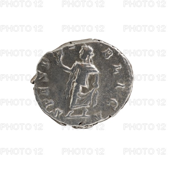 Denarius, Septimius Severus 146–211; Roman emperor 193–211 and Caracalla 188–217; Roman emperor 198–217; caesar. Obverse: M AVR ANTONINVS CAES, bust in cloak and armor facing right. Reverse: SPEI PERPETVAE, Spes striding left, holding a flower. Spes personification; Spes striding iconography. Roman Empire, Rome, 196. Coin; diameter approx. 17.5–18.0 mm; weight 2.97 g., A round metallic coin with a worn surface showing a raised depiction of a standing human figure draped in robes, the figure facing slightly to the left with one arm raised and the other near the torso; the coin edge is irregular and dented in places, and the surface shows scratches and shallow relief elements around the figure; visible colors are shades of gray and silver with darker gray toning in recesses.