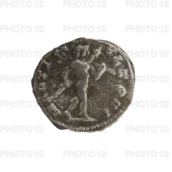 Denarius of Septimius Severus 146–211; Roman emperor 193–211 and Caracalla 188–217; Roman emperor 198–217 Caesar. Obverse: M AVR ANTON CAES PONTIF, bust of Caesar in cloak facing right. Reverse: MARTI VLTORI, Mars striding right, holding a spear and a trophy. Dated 196–198. Roman Empire; struck in Rome. Silver coin; diameter ~16.5–18.0 mm; weight 3.47 g., A circular metallic object with a weathered, uneven surface showing a raised, worn central figure outline; the object appears mostly gray and dark gray with lighter silvery highlights along the raised areas and edges, and a few darker greenish-gray patches.