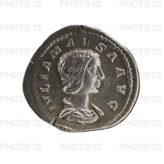 denarius, Julia Maesa ca. 160–224; Augusta 218–224, Juno myth., 218–222, coin; diameter 19.5–21.0 mm; weight 3.51 g, A round metallic object with a worn, uneven edge showing a raised profile of a woman's head facing right, with detailed hair pulled back and draped clothing at the neck; the surface shows varying tones of silver and dark gray with highlights on raised areas and darker shadows in recessed parts, and there are a few small cracks and irregularities along the rim.