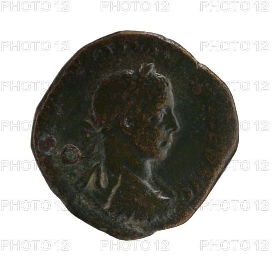 Sestertius of Severus Alexander Roman emperor 222–235. Obverse: portrait/inscription identifying Severus Alexander 208–235; emperor 222–235. Reverse: personification Salus iconography. Date: 222–228. Roman Empire, Rome mint. Coin; diameter 28.0–30.0 mm; weight 20.23 g., A dark round object with an irregular edge showing the profile of a person's head facing right, with visible hair and a neck, rendered in low-relief; the surface shows areas of greenish and brownish patina with some lighter worn highlights and a few small spots of bright green and reddish discoloration against an overall dark bronze tone.