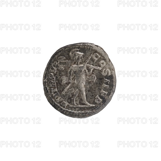 Denarius, depicting Mars mythology and Roman deities; Alexander Severus Roman emperor, 222–235 — iconography. Obverse: IMPCMAVRSEV ALEXANDERAVG. Bust of Alexander Severus with laurel wreath and paludamentum facing right; pearl rim. Reverse: PMTRPV COSIIPP. Naked Mars striding right, holding a spear in his right hand and a tropaion resting on his left shoulder; pearl rim. Dated 226. Roman Empire 27 BC–476. Mint: Rome. Coin; diameter 18.0–19.0 mm; weight 3.10 g., A round, worn coin with a raised relief of a human figure standing and holding a long object, surrounded by a textured border; the coin shows uneven surfaces and worn edges with small chips and scratches. The visible colors are shades of gray, dark gray, and lighter silver-gray, with highlights and shadows creating contrast across the relief. The background around the coin is plain white.