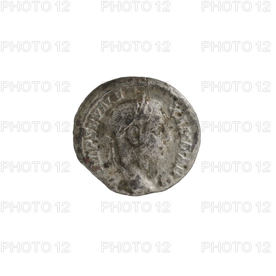 Denarius; Perpetuitas personification; personifications; Alexander Severus Roman emperor, 222–235 — iconography, 228–231; Roman Empire 27 BC–476 place of origin: Rome; coin; diameter 17.0–18.5 mm; weight 2.50 g, A worn round coin with an uneven edge, showing a raised side profile of a person facing right; the surface has pitted and rough texture with areas of wear and small chips. The coin's coloration is a mix of dull silver, gray, and darker tarnished tones with hints of brownish and greenish discoloration. The relief around the profile includes a ringed border and a few raised decorative shapes; the overall appearance is aged and metallic.